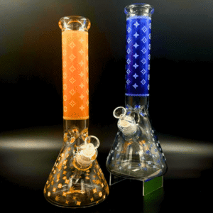 lv pattern 7mm beaker bong glow in the dark 14.5"