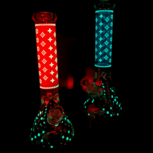 lv pattern 7mm beaker bong glow in the dark 14.5"