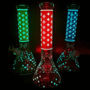 lv pattern 7mm beaker bong glow in the dark 14.5"